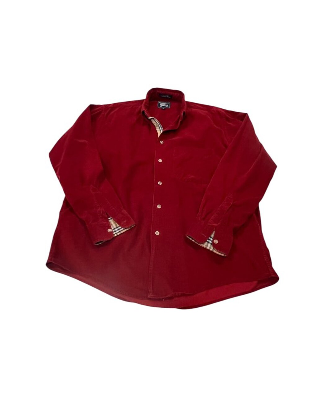 Burberrys Mens 90s Nova Check Tartan Plaid and Red Corduroy Button Shirt, M